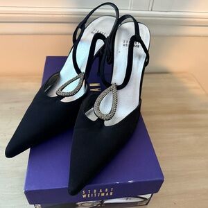 Stuart Weitzman Black Pointed Slingback Pumps with Crystal Teardrop
